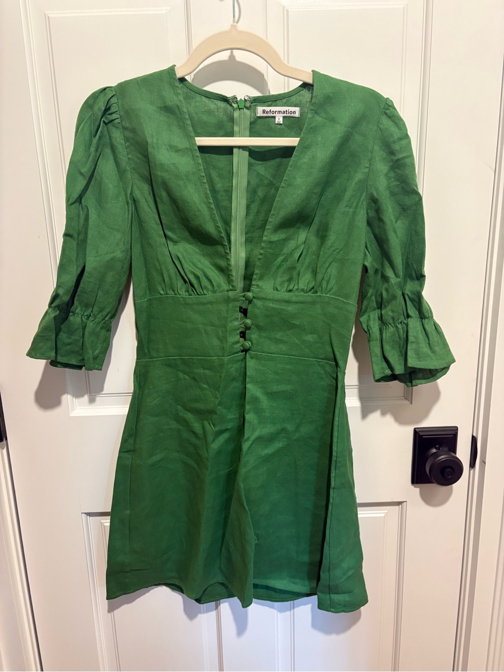 Reformation Emerald Green V-Neck Mini Dress